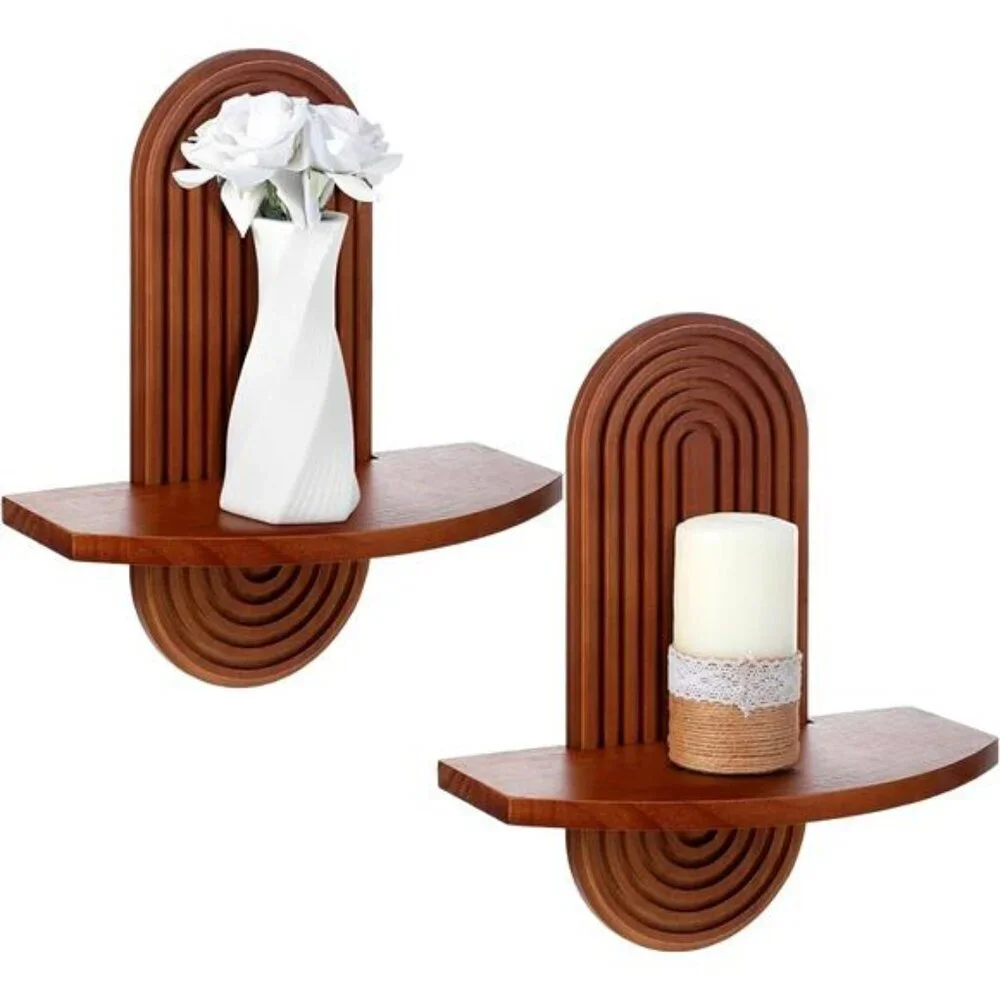 Set of 2 Boho Arched Wooden Wall Shelves Walnut Hanging Floating Rainbow Decor